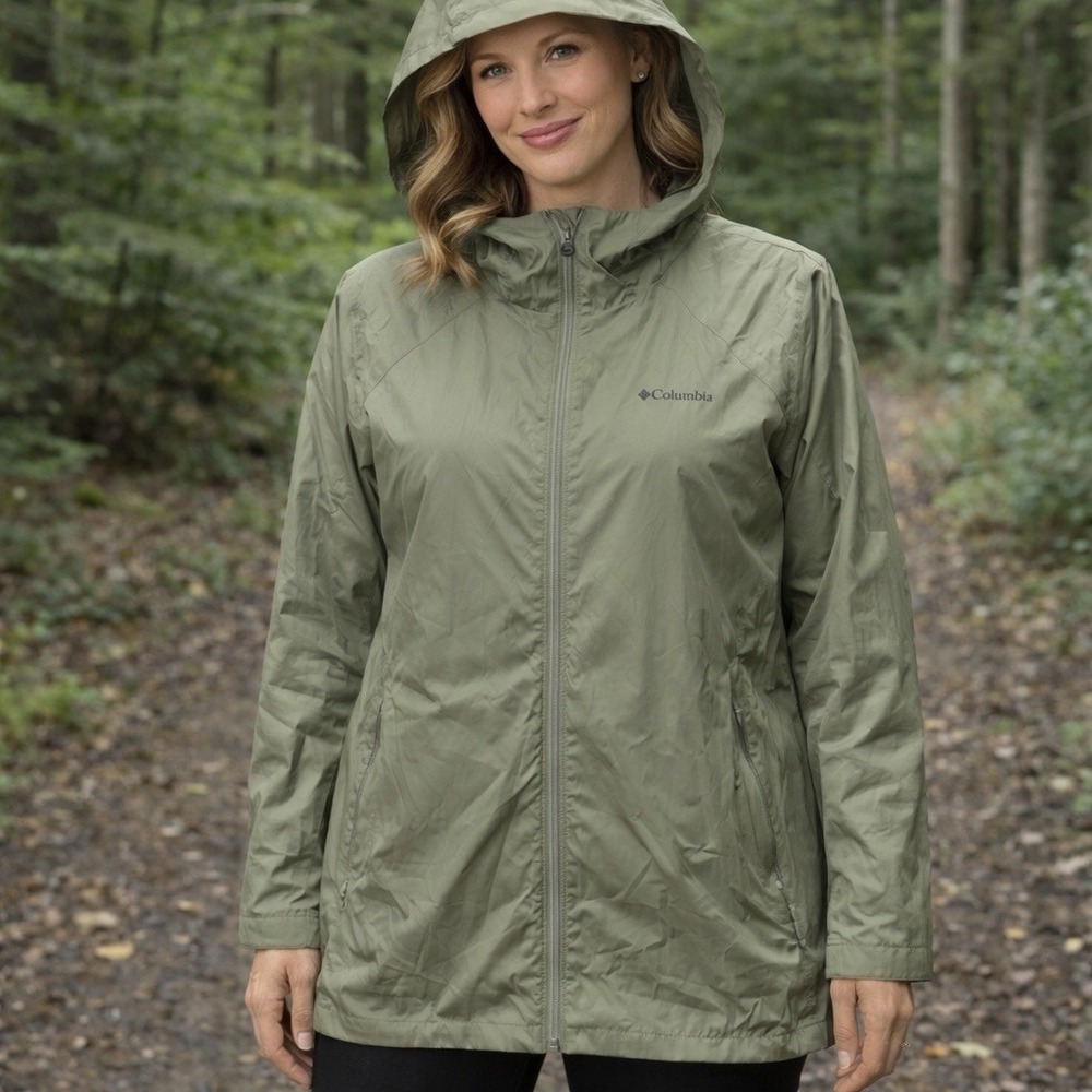 Columbia Windbreaker Jacket Womens 1X Switchback Lined Green Hooded Zip WW0126